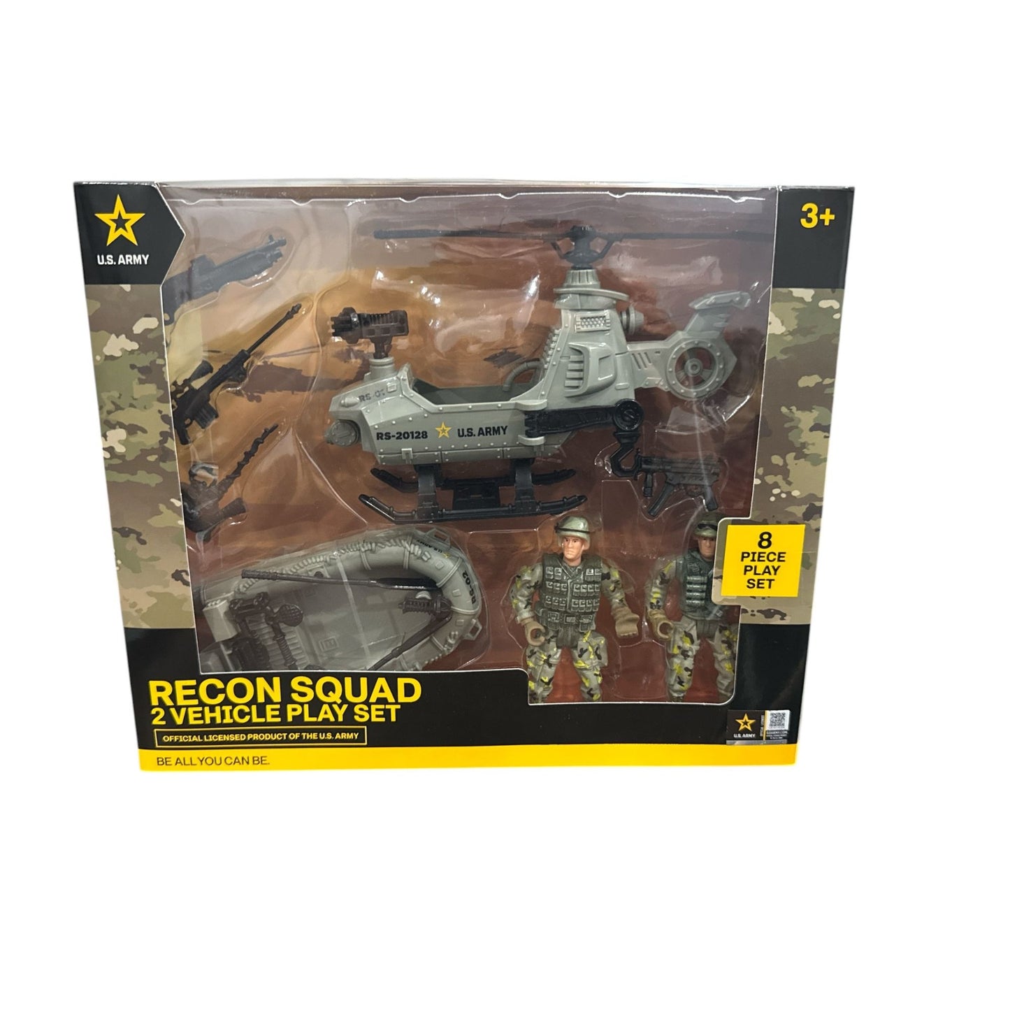 U.S. Army Recon Squad 2 Vehicle Play Set - Helicopter, Military Raft, Weapons & 2 Soldiers - 8 Piece Set
