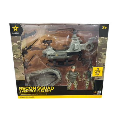 U.S. Army Recon Squad 2 Vehicle Play Set - Helicopter, Military Raft, Weapons & 2 Soldiers - 8 Piece Set