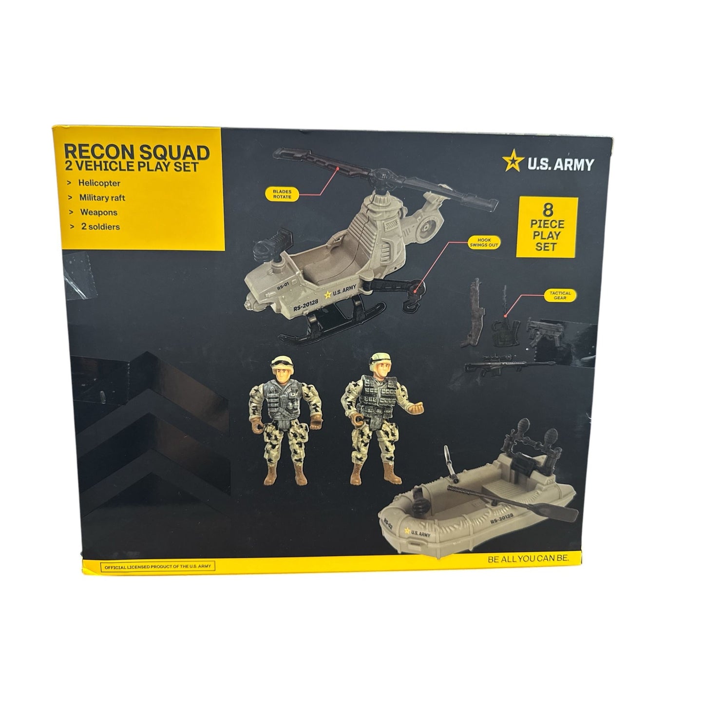 U.S. Army Recon Squad 2 Vehicle Play Set - Helicopter, Military Raft, Weapons & 2 Soldiers - 8 Piece Set