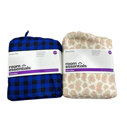 Room Essentials Queen Microfiber Sheet Set 2-Pack - Blue Buffalo Plaid & Neutral Geometric Prints