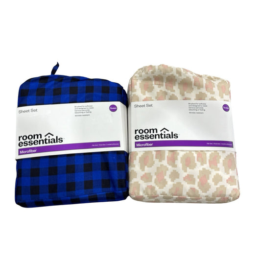 Room Essentials Queen Microfiber Sheet Set 2-Pack - Blue Buffalo Plaid & Neutral Geometric Prints