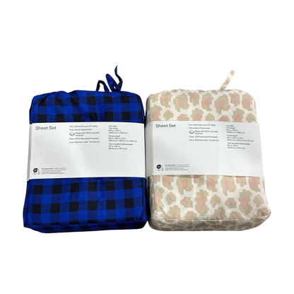 Room Essentials Queen Microfiber Sheet Set 2-Pack - Blue Buffalo Plaid & Neutral Geometric Prints