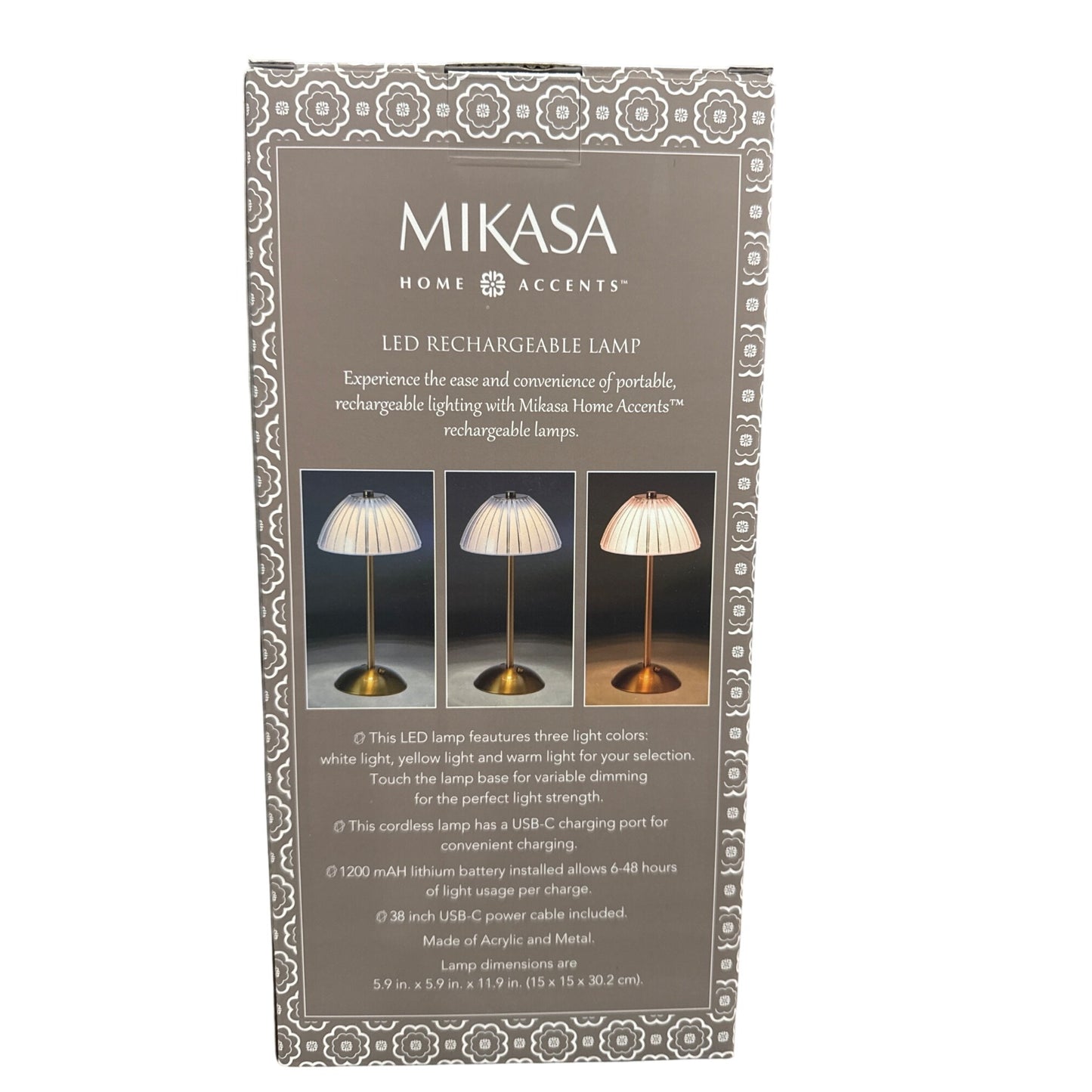 Mikasa Rechargeable LED Table Lamp W/ 3 Light Modes & Dimmable Features - USB Type-C Charging - Gold & Clear Acrylic