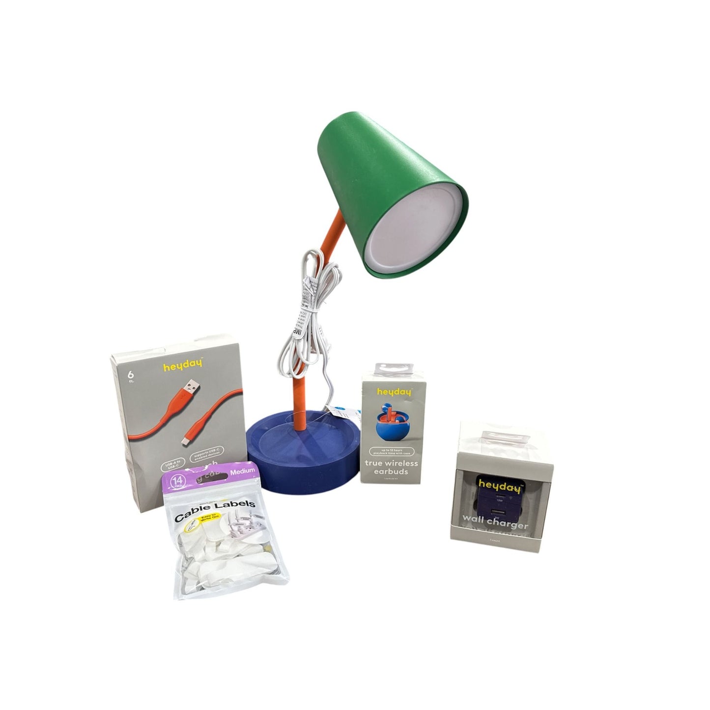 Tech Accessories - Heyday Wireless Earbuds, Wall Charger, USB-C Cable, Room Essentials Desk Lamp & Cable Labels Bundle