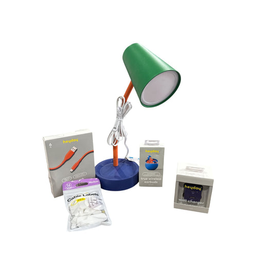 Tech Accessories - Heyday Wireless Earbuds, Wall Charger, USB-C Cable, Room Essentials Desk Lamp & Cable Labels Bundle