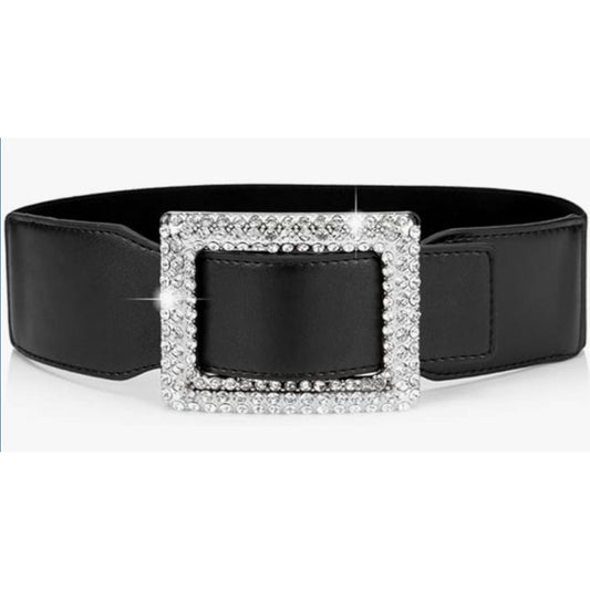 Women's Elastic Wide Waist Belt Stretchy Retro Cinch Belts Fashion Waistband with Rhinestone Buckle for Dresses Coat -Black S/M