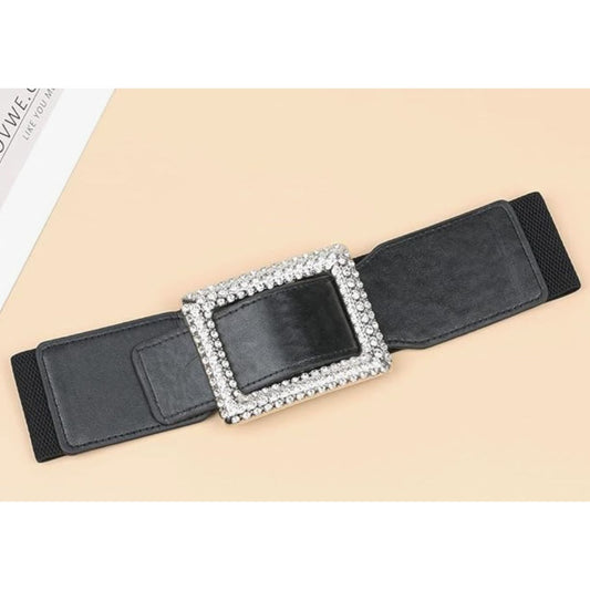 Women's Elastic Wide Waist Belt Stretchy Retro Cinch Belts Fashion Waistband with Rhinestone Buckle for Dresses Coat -Black S/M