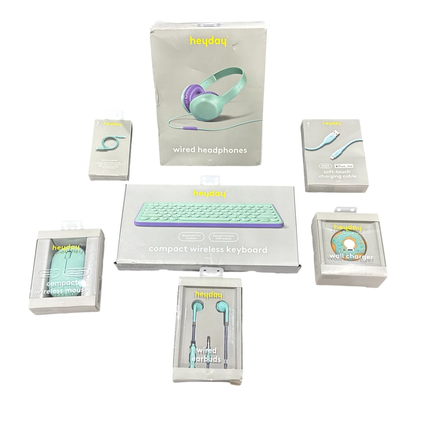 Heyday Wired Headphones, Wireless Keyboard, Mouse, Charging Cables, Earbuds & Wall Charger - Mint & Purple