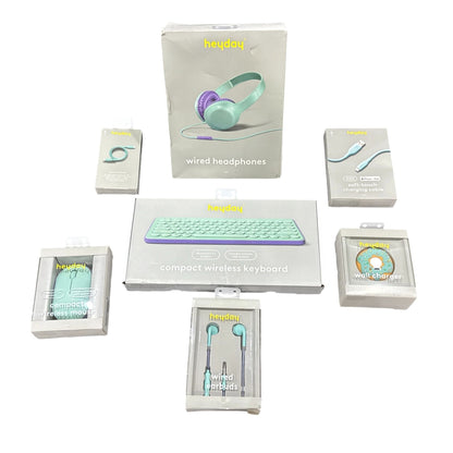 Heyday Wired Headphones, Wireless Keyboard, Mouse, Charging Cables, Earbuds & Wall Charger - Mint & Purple