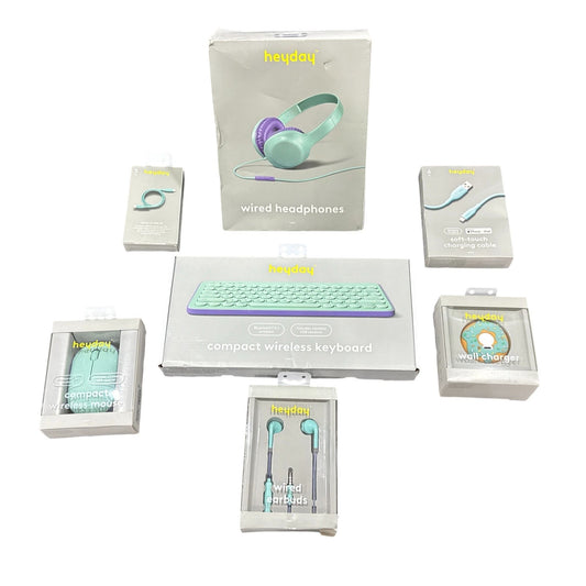Heyday Wired Headphones, Wireless Keyboard, Mouse, Charging Cables, Earbuds & Wall Charger - Mint & Purple
