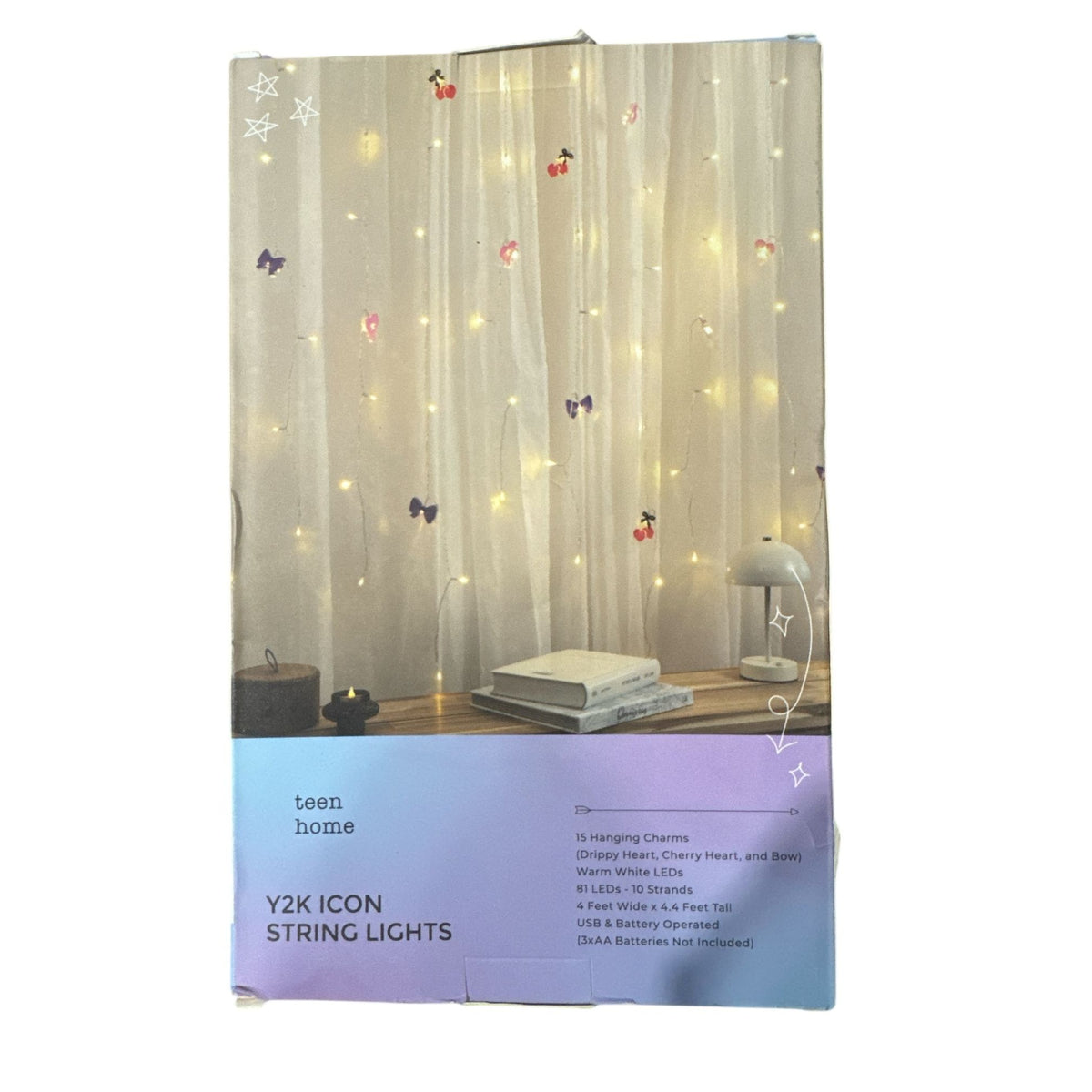 Y2K Icon String Lights With 15 Hanging Charms USB & Battery Powered Warm White LEDs 81 Lights 10 Strands Teen Home