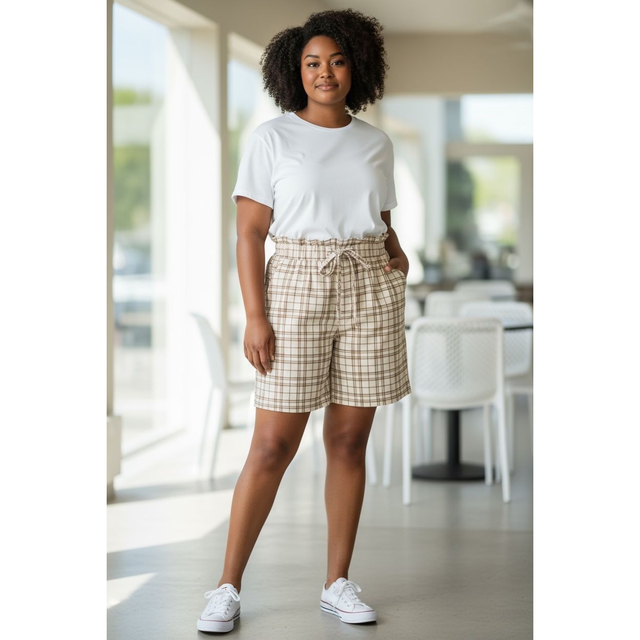 Melrose And Market Women's XXS Plaid High-Waist Shorts With Pockets Drawstring Waist Beige & Brown