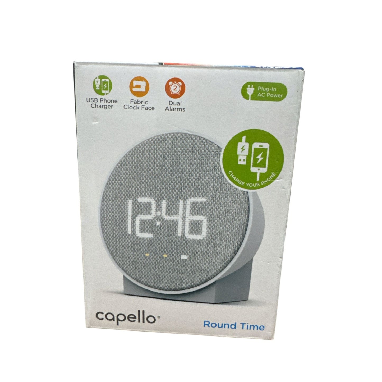 Capello Round Time Fabric Alarm Clock With USB Charging Dual Alarms & AC Power Gray