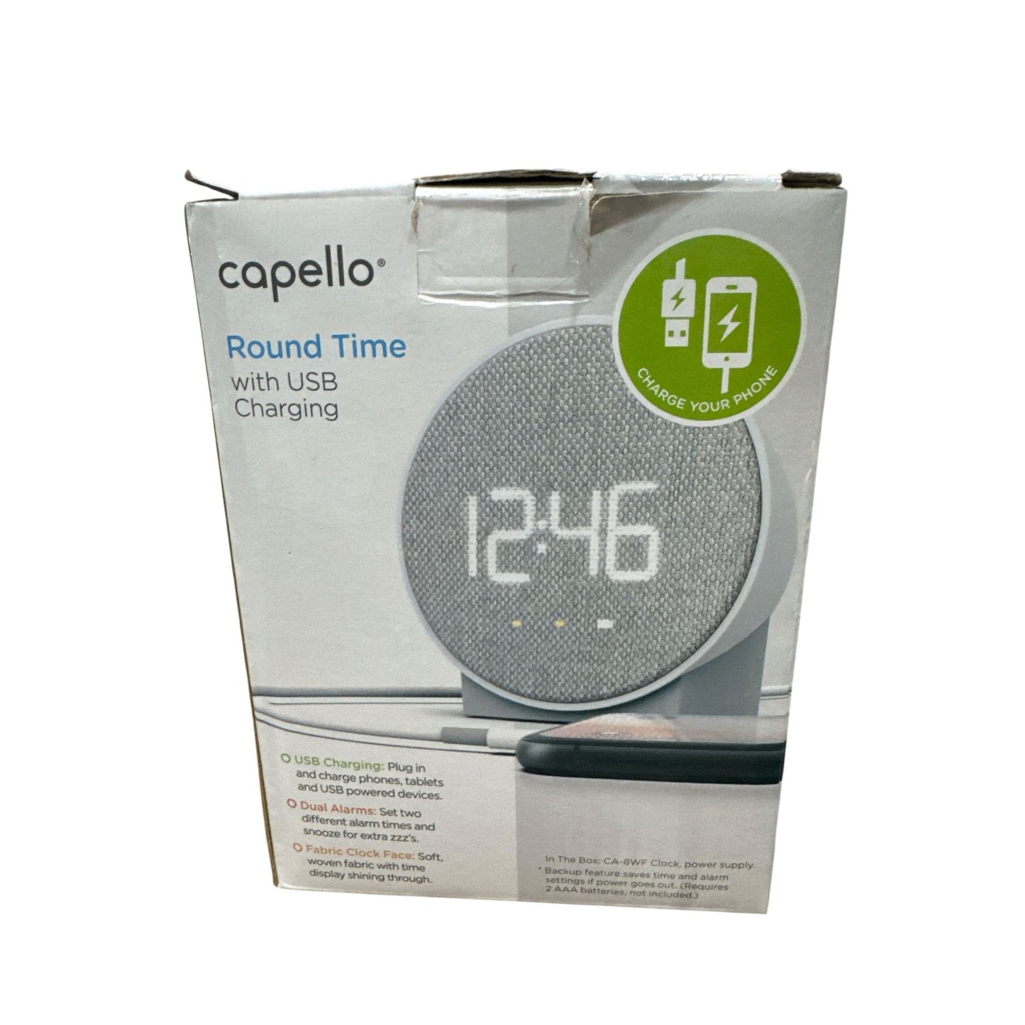 Capello Round Time Fabric Alarm Clock With USB Charging Dual Alarms & AC Power Gray