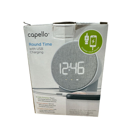 Capello Round Time Fabric Alarm Clock With USB Charging Dual Alarms & AC Power Gray