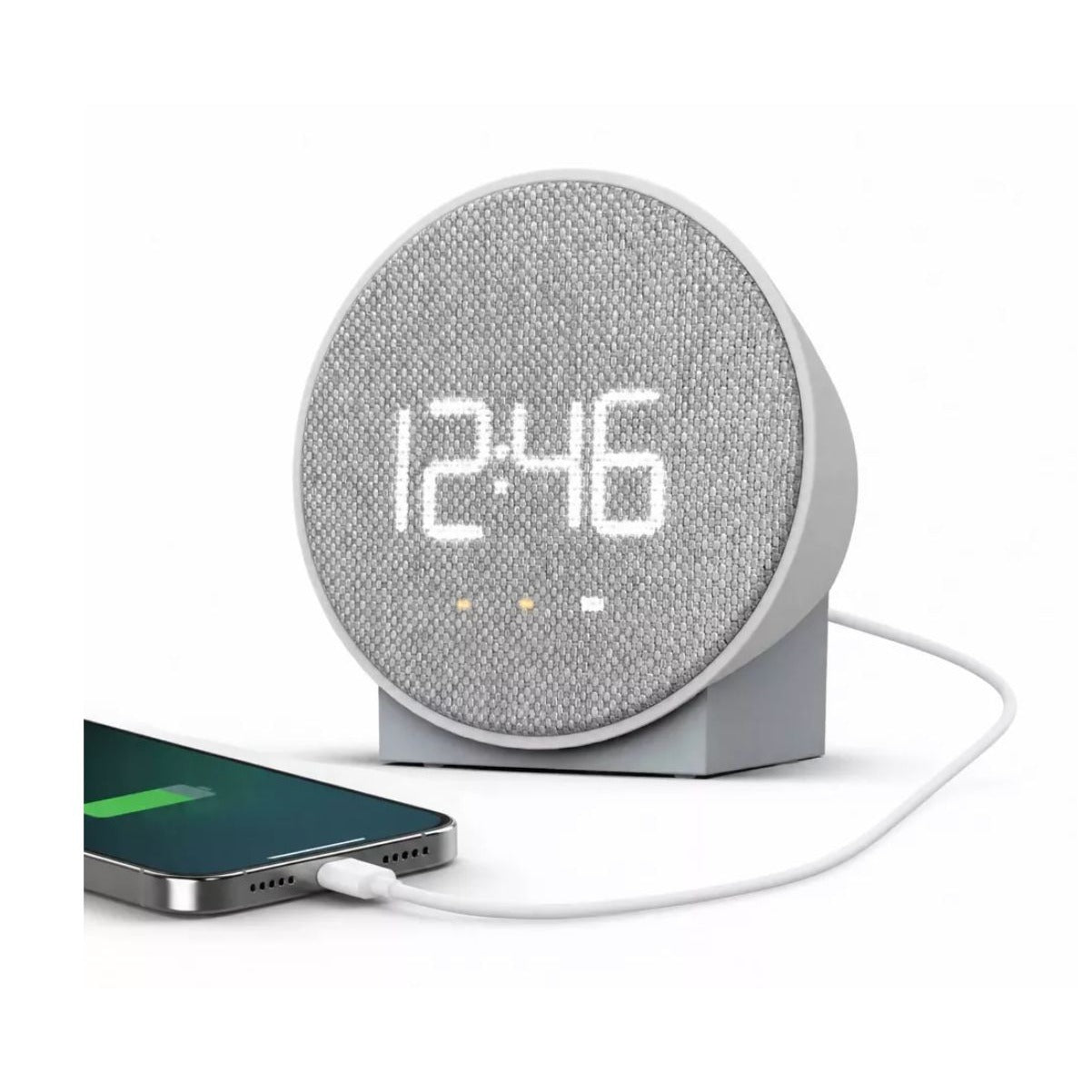 Capello Round Time Fabric Alarm Clock With USB Charging Dual Alarms & AC Power Gray