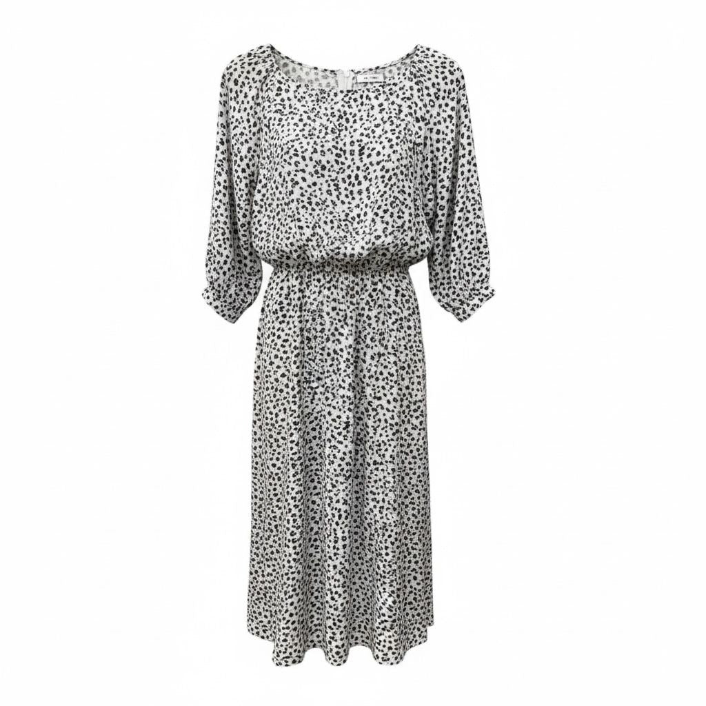 Isabella Rose Midi Dress With Elastic Waist Puff Sleeves & Leopard Print Women’s S Black & White