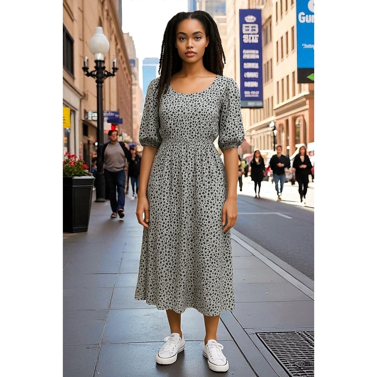 Isabella Rose Midi Dress With Elastic Waist Puff Sleeves & Leopard Print Women’s S Black & White