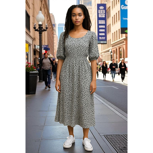 Isabella Rose Midi Dress With Elastic Waist Puff Sleeves & Leopard Print Women’s S Black & White