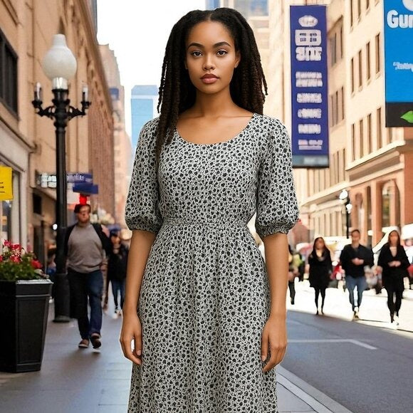Isabella Rose Midi Dress With Elastic Waist Puff Sleeves & Leopard Print Women’s S Black & White
