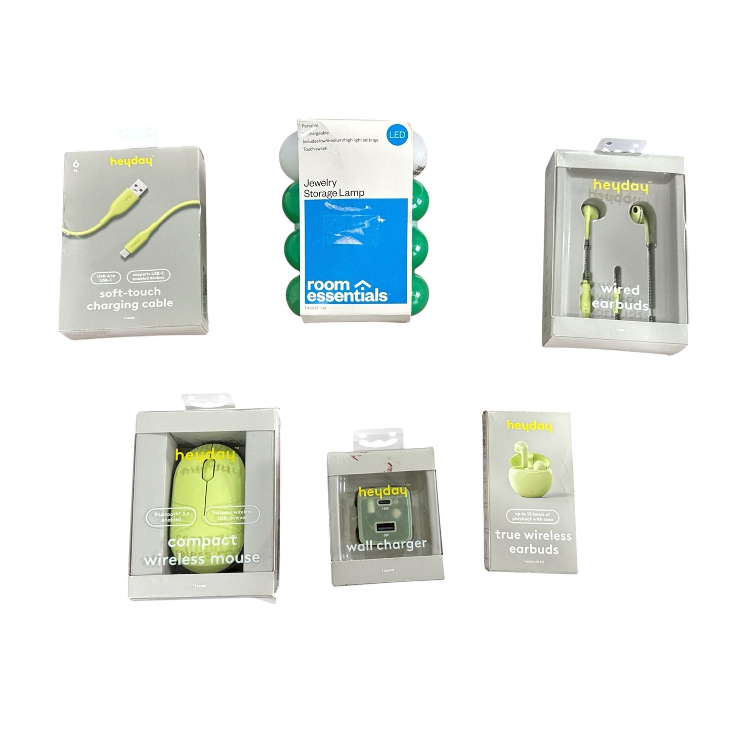 Tech Accessory-Heyday Wireless Mouse, Charging Cable, Wired & Wireless Earbuds, Wall Charger & Jewelry Storage Lamp