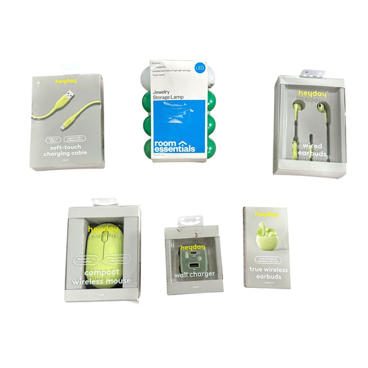 Tech Accessory-Heyday Wireless Mouse, Charging Cable, Wired & Wireless Earbuds, Wall Charger & Jewelry Storage Lamp