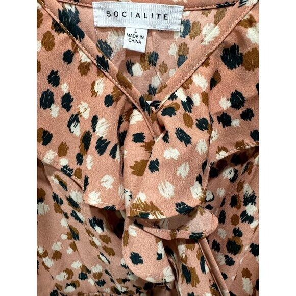 Socialite Pink Polka Dot Ruffle Wrap Dress Women's Size L
