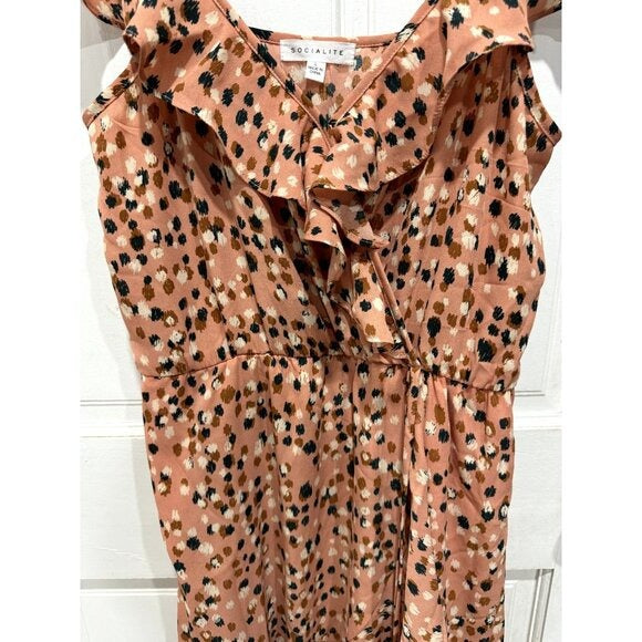 Socialite Pink Polka Dot Ruffle Wrap Dress Women's Size L