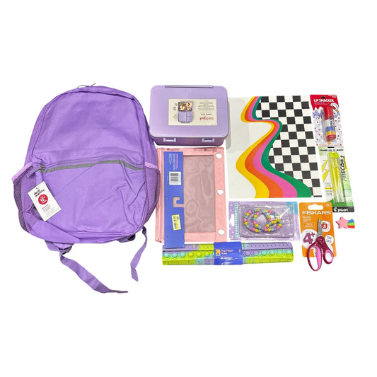 10 pcs. Back-To-School Supplies Bundle With Purple Backpack, Bento Lunch Box, Scissors, Ruler, Folder, Marker & Accessories