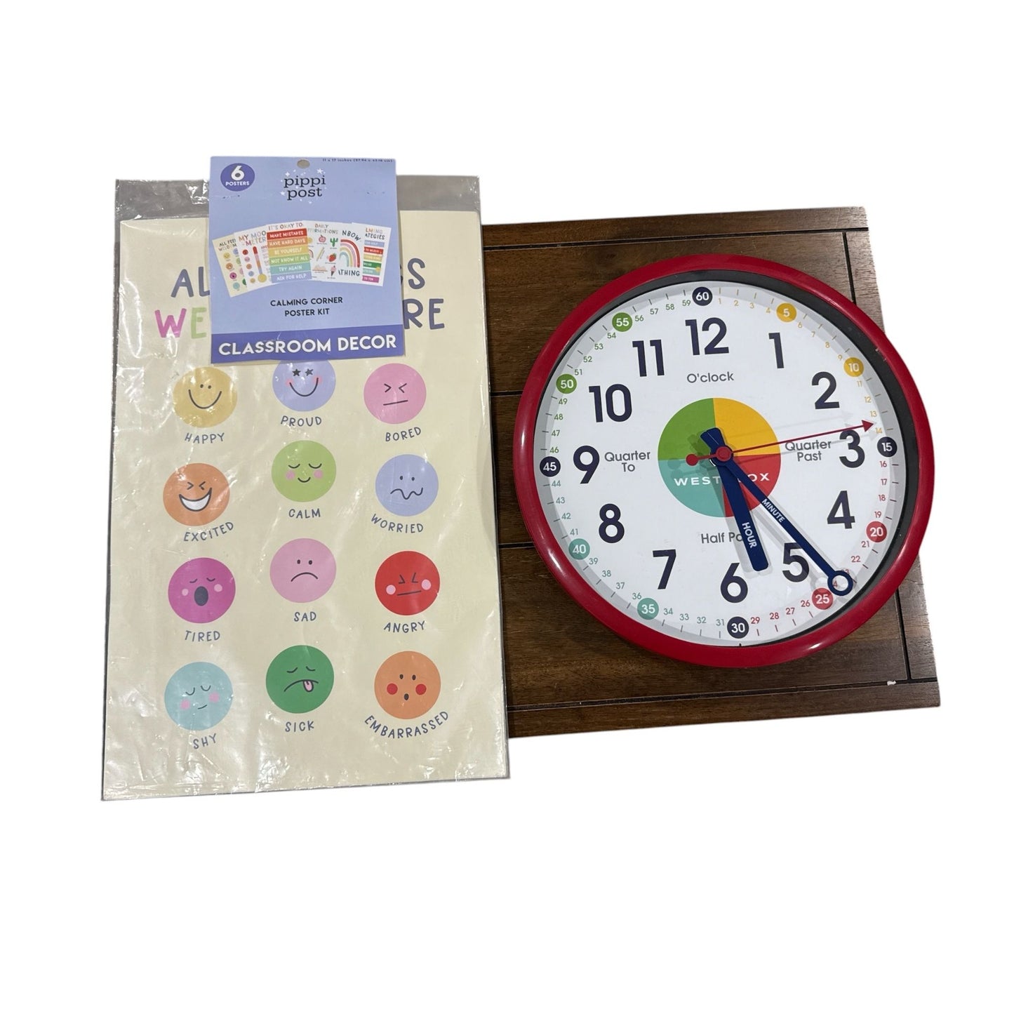 Pippi Post Calming Corner Poster Kit & Westclox Learning Clock Set For Kids Emotional & Time Education