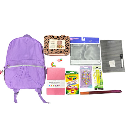 11 pcs. Purple Backpack With School Supplies Set: Bento Box, Notebook, Crayola, Markers, Ruler, Binder Pouch & More