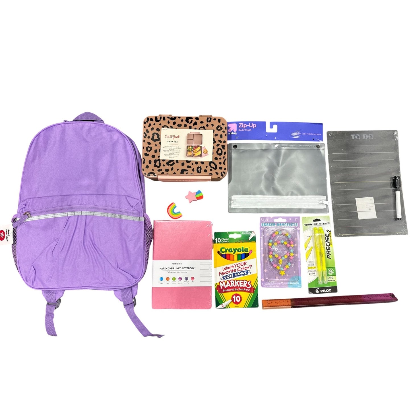 11 pcs. Purple Backpack With School Supplies Set: Bento Box, Notebook, Crayola, Markers, Ruler, Binder Pouch & More