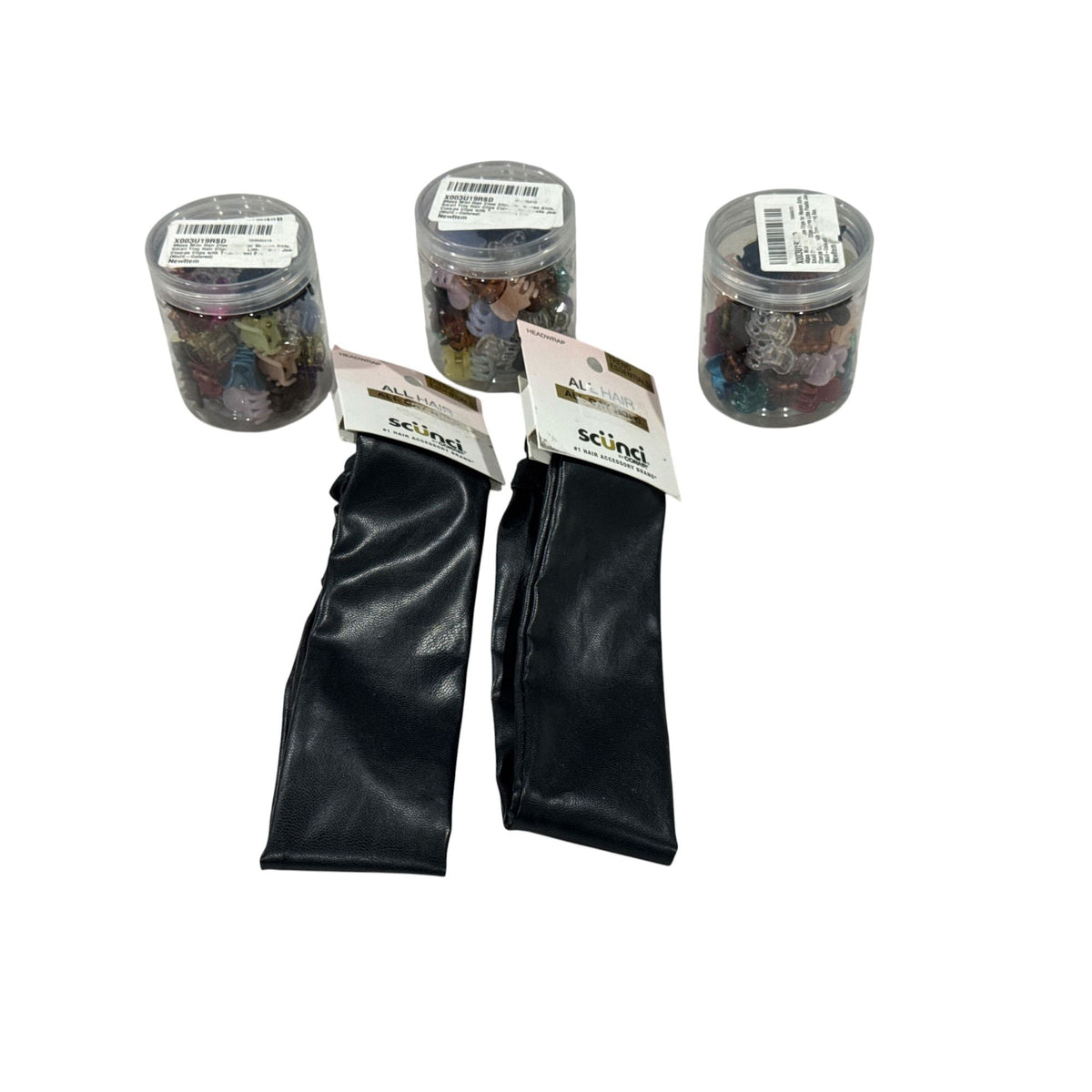 Set of 2 Scunci Headwraps & Set of 3 Mini Hair Claw Clips Set Faux Leather Headbands Multicolor Clips