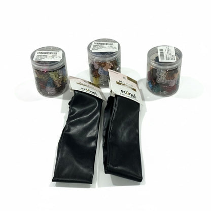 Set of 2 Scunci Headwraps & Set of 3 Mini Hair Claw Clips Set Faux Leather Headbands Multicolor Clips