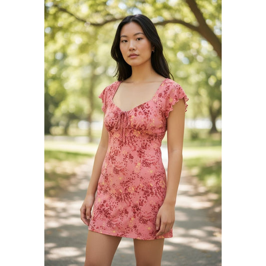 Abound Pink Floral Mini Dress With Tie Front & Flutter Sleeves - Size L