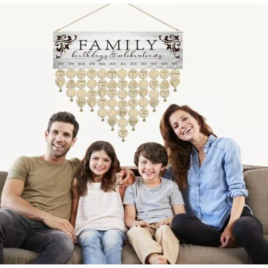 Family Birthdays & Celebrations Wooden Wall Calendar With Hanging Discs & Bells