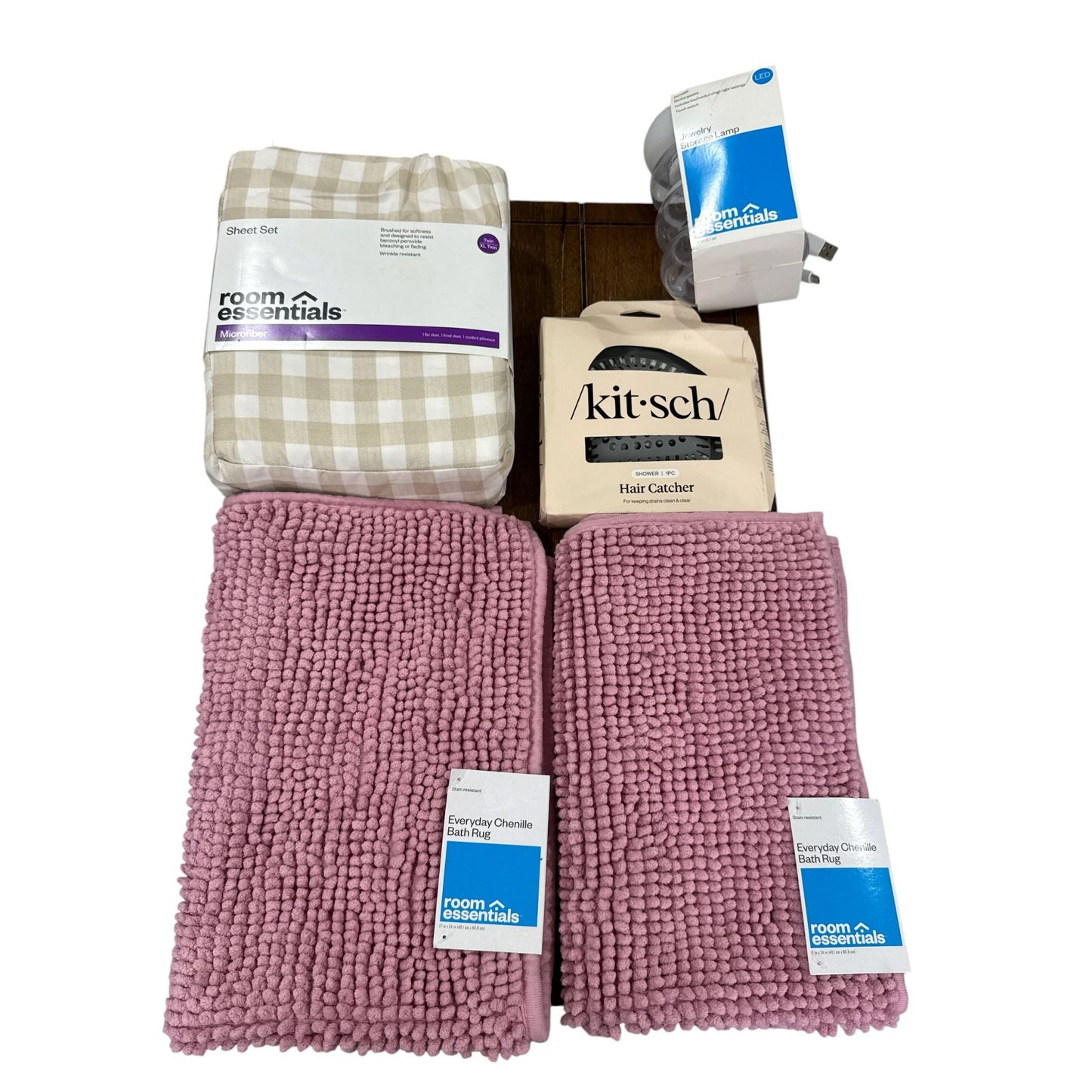 Home Essentials Bundle: Twin XL Sheet, Set 2 Chenille Bath Rugs, Hair Catcher, & LED Lamp