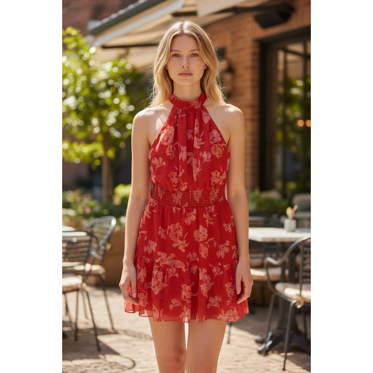 Chelsea28 Red & Pink Floral Halter Neck Tiered Mini Dress - Size M 100% Polyester