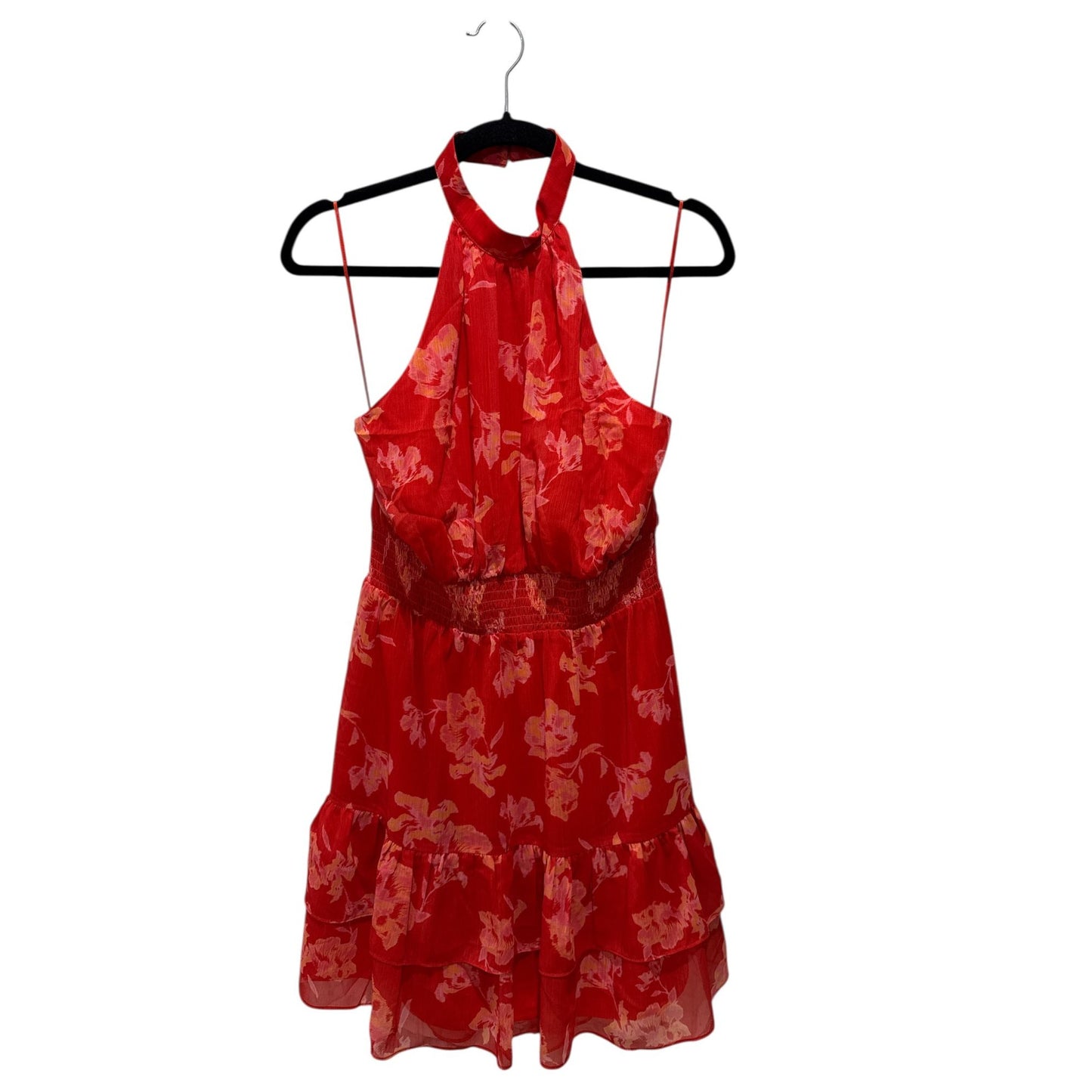 Chelsea28 Red & Pink Floral Halter Neck Tiered Mini Dress - Size M 100% Polyester