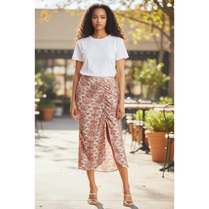 Status By Chenault Women's Paisley Print Midi Skirt With Front Ruched Detail & Side Slit Size S Multicolor