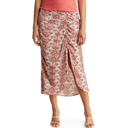 Status By Chenault Women's Paisley Print Midi Skirt With Front Ruched Detail & Side Slit Size S Multicolor