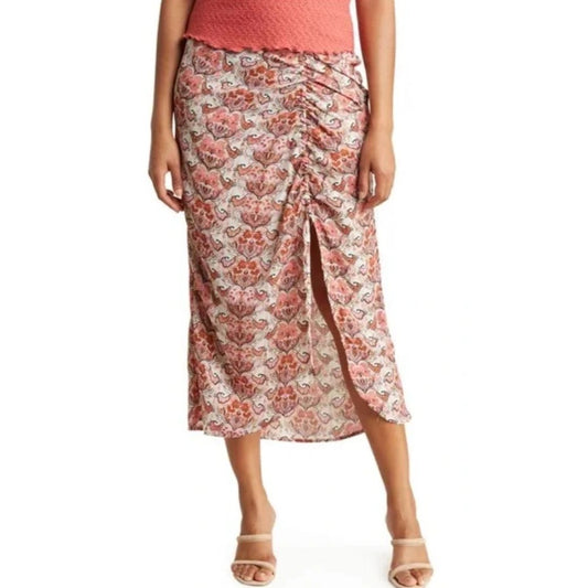 Status By Chenault Women's Paisley Print Midi Skirt With Front Ruched Detail & Side Slit Size S Multicolor