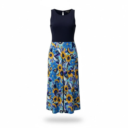 Donna Morgan Women's Floral Maxi Dress, Navy Top, Multicolor Skirt, Sleeveless Size 8