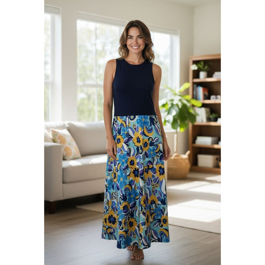 Donna Morgan Women's Floral Maxi Dress, Navy Top, Multicolor Skirt, Sleeveless Size 8