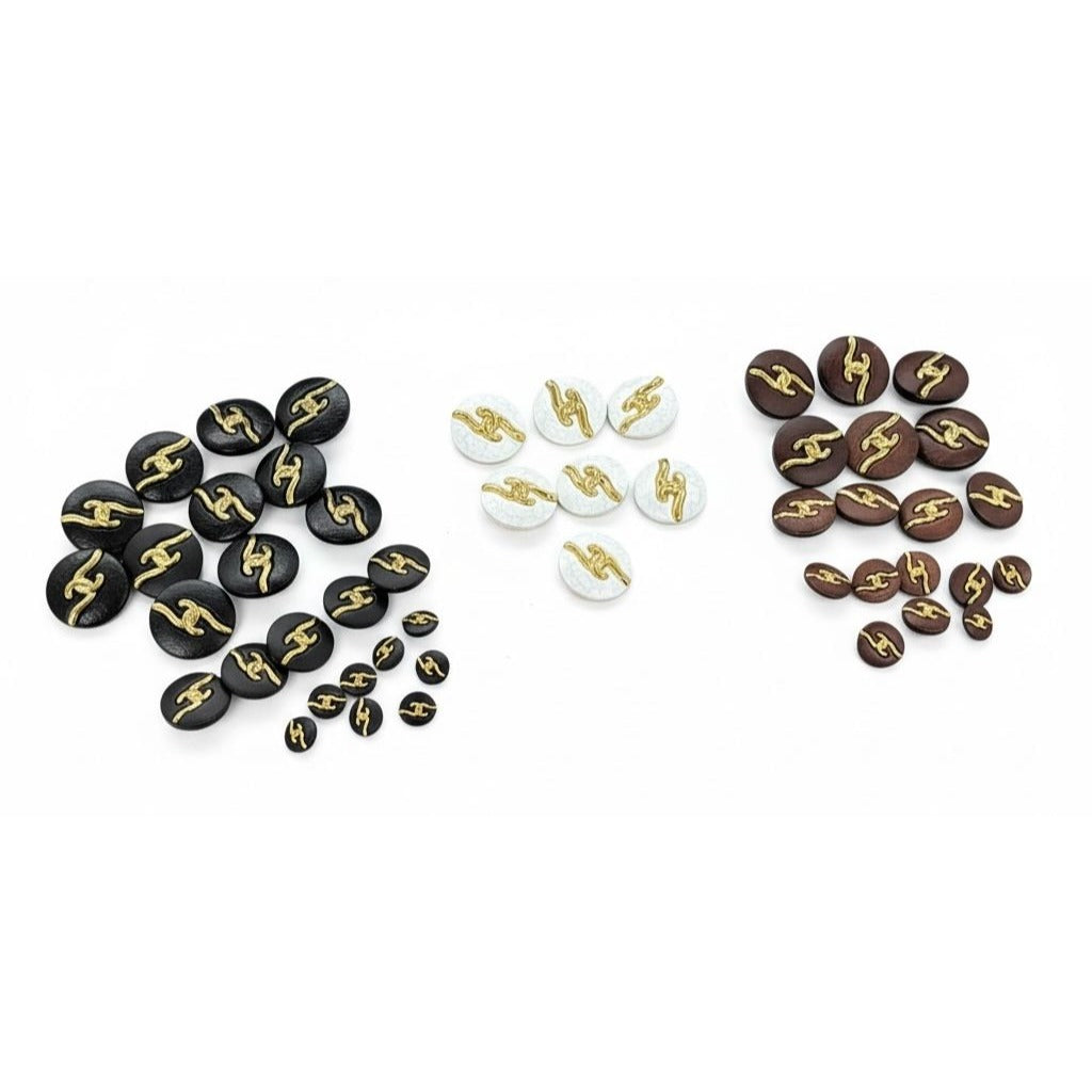 49pcs Vintage Gold Knot Buttons Set In Black, White & Brown - Various Sizes - Elegant & Durable Design