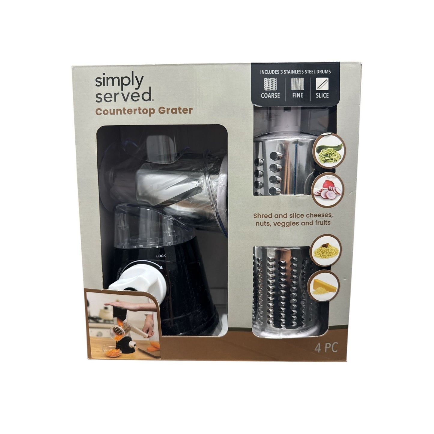 Simply Served Black Countertop Grater With 3 Stainless Steel Blades For Grating, Slicing & Shredding - BPA Free