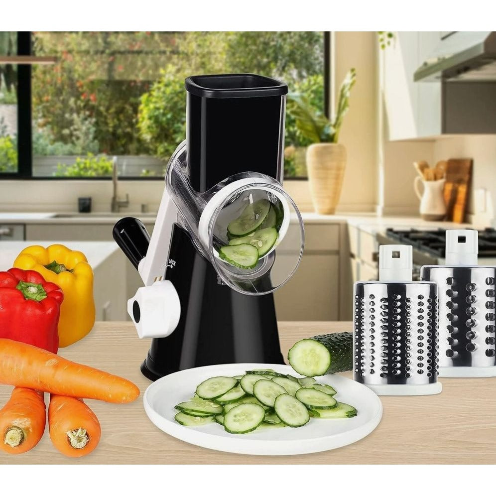 Simply Served Black Countertop Grater With 3 Stainless Steel Blades For Grating, Slicing & Shredding - BPA Free
