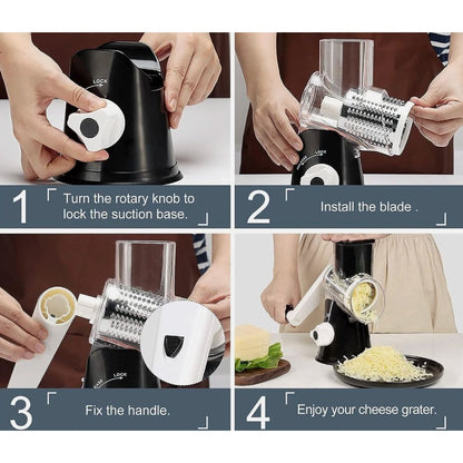 Simply Served Black Countertop Grater With 3 Stainless Steel Blades For Grating, Slicing & Shredding - BPA Free