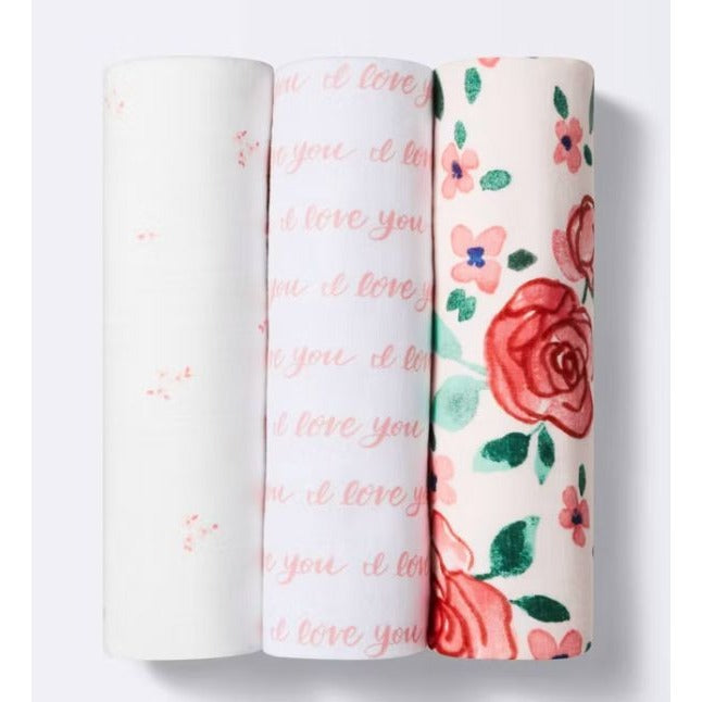 Cloud Island 3-Pack 100% Cotton Muslin Baby Blankets, Floral & Love You Prints, 47x47 Inches