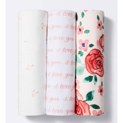 Cloud Island 3-Pack 100% Cotton Muslin Baby Blankets, Floral & Love You Prints, 47x47 Inches